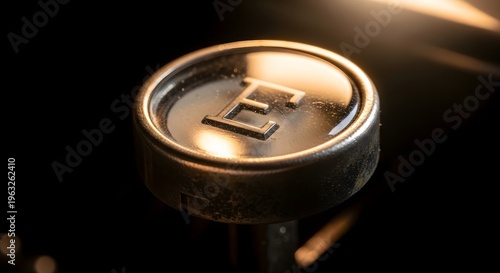 Close up of old typewriter key with letter E and dramatic lighting.