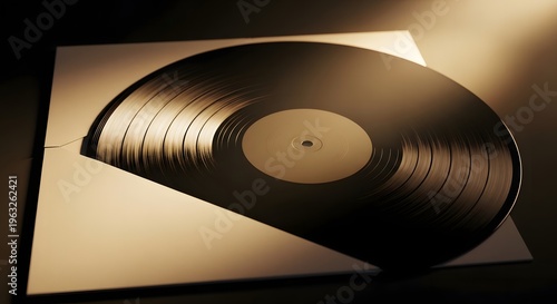 Vinyl record in sleeve, close up, dramatic lighting, warm tones, analog music.