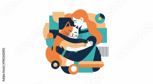 Whiskers and comfort a cat and dog cuddle warmly in a cozy abstract setting with vibrant orange teal and dark blue hues