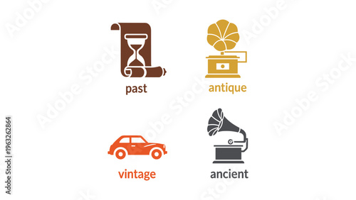Icons representing different themes of time and nostalgia through vintage symbols