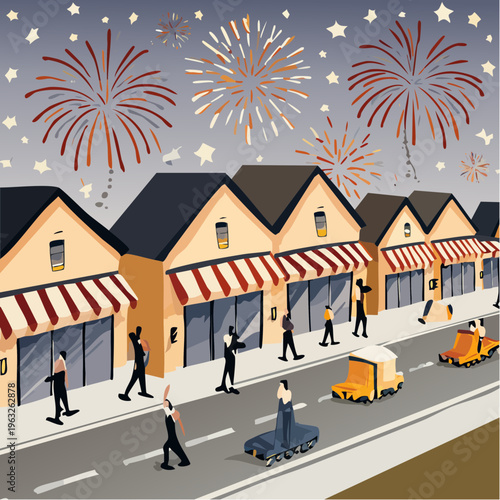 People walking on a street in front of shops with awnings.