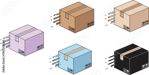 Colorful shipping boxes illustration with motion lines, delivery packages in transit, logistics concept, e‑commerce distribution, parcel transport vector design for stock content
