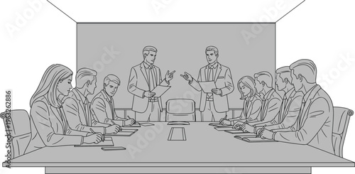 Business meeting illustration showing conference table discussion, teamwork collaboration, professional presentation, corporate communication, group decision‑making, 
