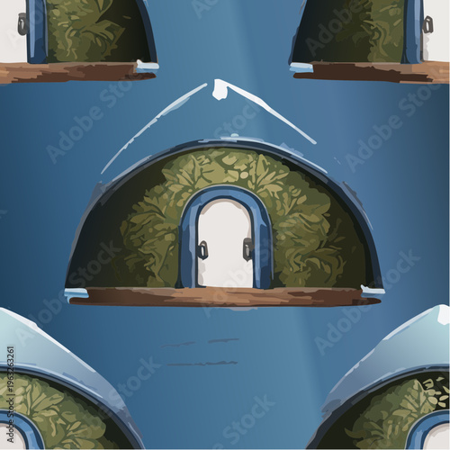 Arched doorway with intricate green foliage and white trim.