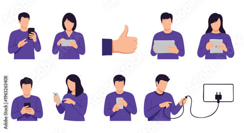 People using smartphones and tablets, thumbs up, charging device. Vector illustration.