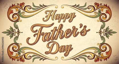 Vintage happy father's day card with floral design and elegant script on beige background