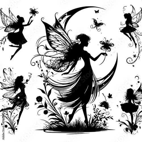Fantasy fairy silhouette, small girl in dress with flowing hair, butterfly wings spread, holding a star in hand, monochrome vector art, high contrast