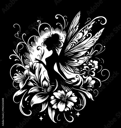Fantasy fairy silhouette, small girl in dress with flowing hair, butterfly wings spread, holding a star in hand, monochrome vector art, high contrast