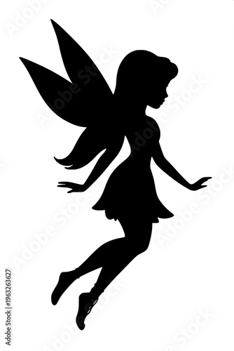 Fantasy fairy silhouette, small girl in dress with flowing hair, butterfly wings spread, holding a star in hand, monochrome vector art, high contrast