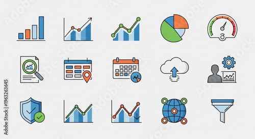 A collection of colorful business and finance vector icons and graphics