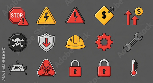 A set of colorful warning and safety icons in a vector graphic design