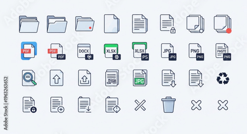 A set of file and document icons in a flat, minimal design style