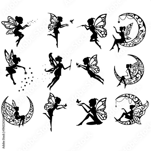 Fantasy fairy silhouette, small girl in dress with flowing hair, butterfly wings spread, holding a star in hand, monochrome vector art, high contrast