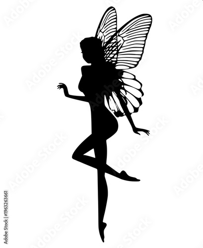 Fantasy fairy silhouette, small girl in dress with flowing hair, butterfly wings spread, holding a star in hand, monochrome vector art, high contrast