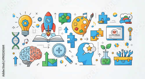 A colorful vector graphic illustration of various creative and educational icons