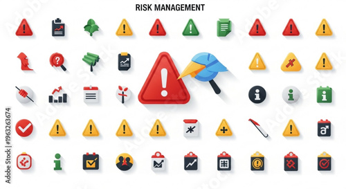 A collection of risk management icons and symbols in a vector graphic