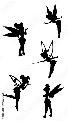 Fantasy fairy silhouette, small girl in dress with flowing hair, butterfly wings spread, holding a star in hand, monochrome vector art, high contrast