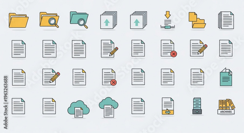 A collection of colorful file and document icons in a flat design style