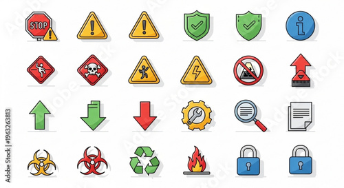 A set of colorful warning and safety icons in a flat design style