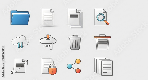 A set of flat design icons representing file management and organization