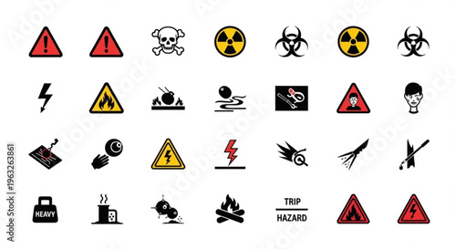 A collection of warning signs and hazard symbols in a flat vector graphic design