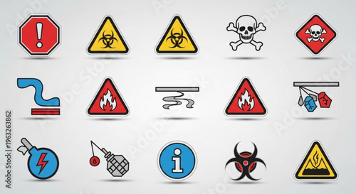 A set of warning signs and icons for safety and hazard alerts