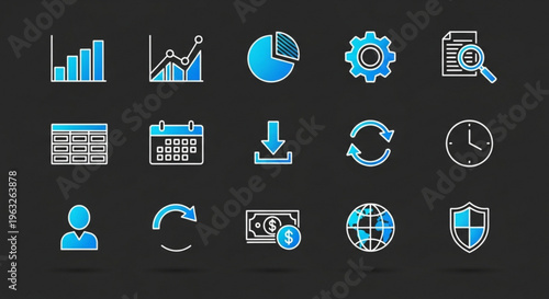 A set of blue and white business icons on a black background