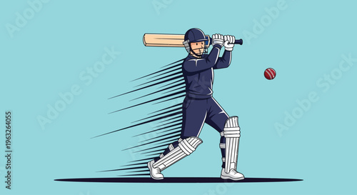Cricket player in action swinging bat.