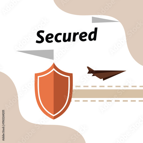 Secured Flight. Airplane Security. Protection Concept. Shield Icon. Travel Safety.