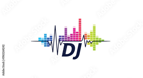DJ logo with colorful sound waves.