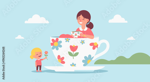 Whimsical illustration of a woman and child with flowers in a teacup.