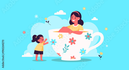 Whimsical illustration of a woman and child with a teacup.