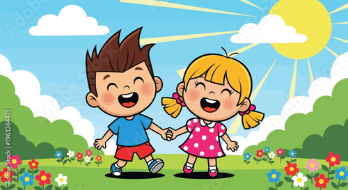 Happy children holding hands outside.