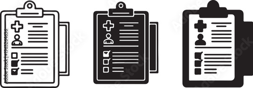 Medical record clipboard icon set, health report document vector collection, patient history form for healthcare and hospital applications