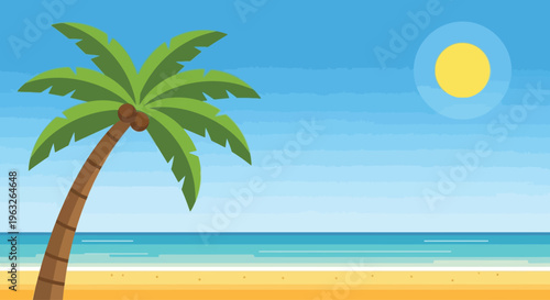 Palm tree on sandy beach shore.
