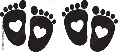 Baby footprints vector icon set, black and white infant foot silhouette with heart shape, newborn child feet graphic for birth announcements, baby shower invitations, and nursery decor