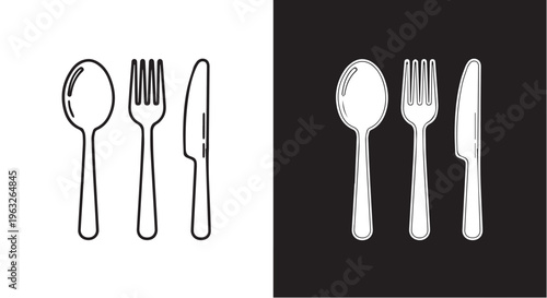 Minimalist cutlery set vector illustration, elegant spoon, fork, and knife icons, sleek dining utensils for restaurant menus and kitchen designs, black and white line art collection