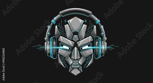 Robotic face with glowing headphones on.