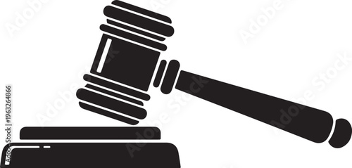 Black Gavel and Sound Block Vector Icon. Judge's Mallet, Auctioneer's Hammer, and Justice Symbol. Legal Authority, Courtroom, and Law Enforcement Graphic Element for Business and Government