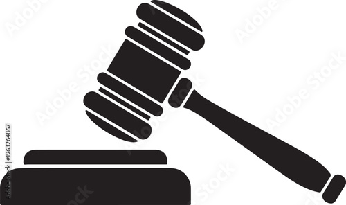 Black silhouette of a gavel and sound block, a symbol of justice and law. Legal authority vector icon, judicial decision-making graphic element for court, auction, or arbitration.