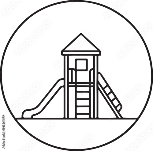Playground slide and climbing structure, a minimalist black and white vector icon, children's outdoor play equipment, park activity graphic element