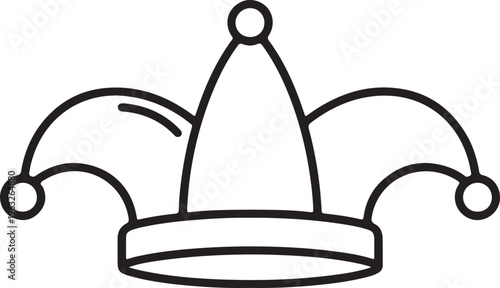 Jester hat line art vector, traditional clown cap, carnival costume accessory, funny joker headwear, black and white outline illustration for entertainment and celebration designs