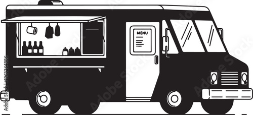Black and white food truck vector illustration, minimalist street food vendor vehicle, mobile restaurant icon, catering service graphic asset for business and events