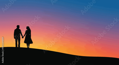 Silhouette of couple holding hands.
