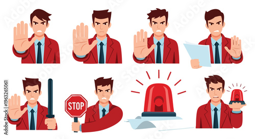 Man in Suit Signaling Stop. Warning and Prohibition Gestures.