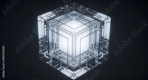 A geometric glass cube structure containing multiple nested layers with a bright glowing light source emanating from the very center