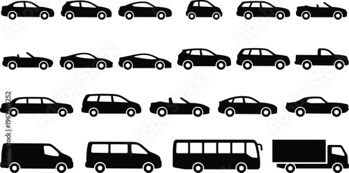 Collection of twenty-two black vector car body style silhouettes including sedan suv truck bus and sports cars isolated on white background for automotive design