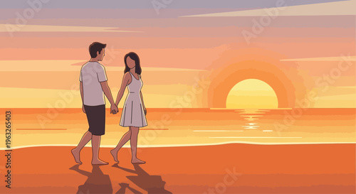 Young couple holding hands walking beach.