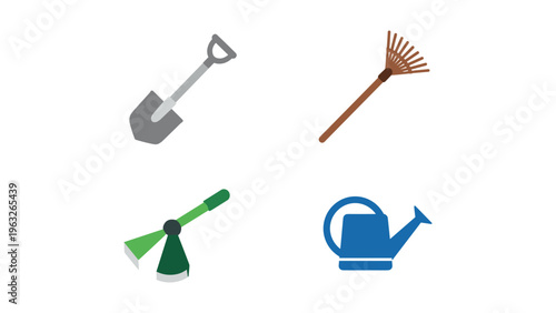 Four common gardening tools displayed in a simple layout
