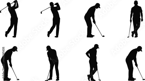Collection of eight black vector silhouette male golf players in swinging and putting action poses isolated on white background for sports graphic design
